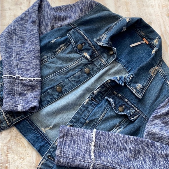 Free People Denim Knit Sleeve Jacket {Indigo} M - Picture 2 of 7